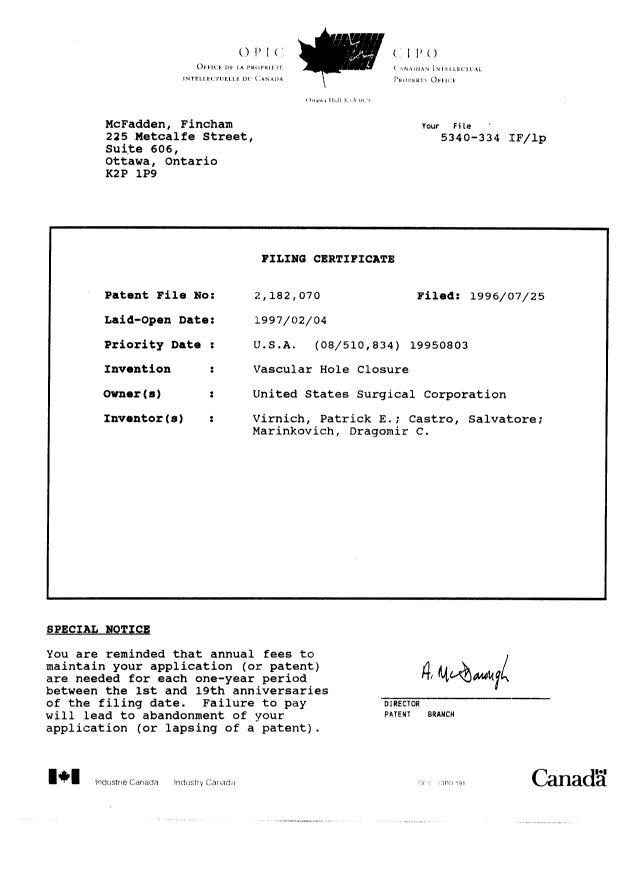 Document de brevet canadien 2182070. Cession 19960725. Image 10 de 10