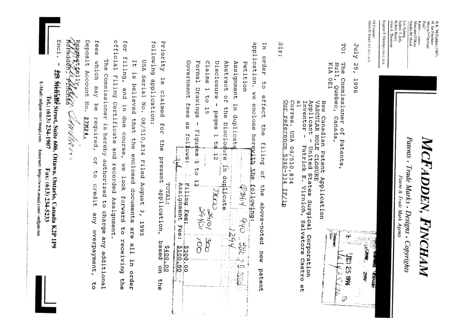 Document de brevet canadien 2182070. Cession 19960725. Image 1 de 10