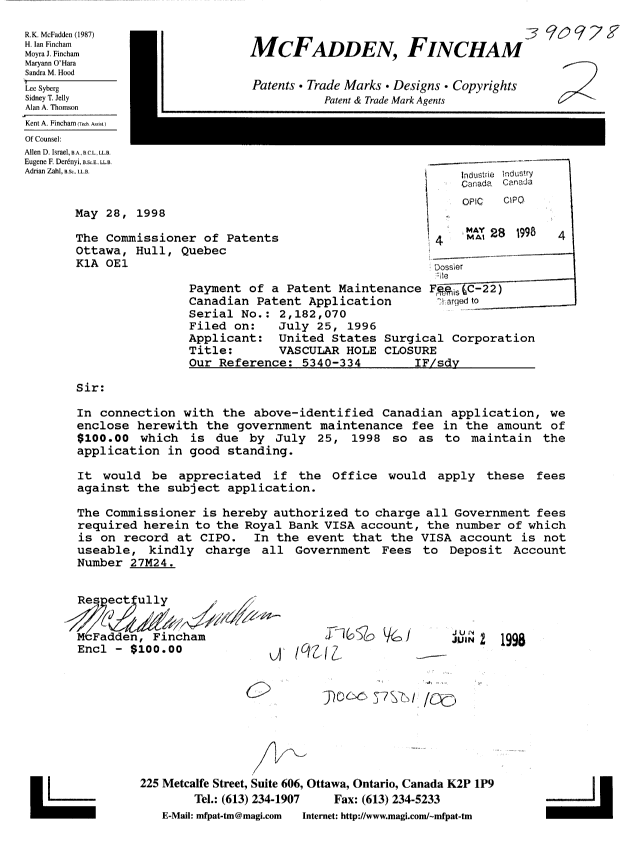Canadian Patent Document 2182070. Fees 19971228. Image 1 of 1