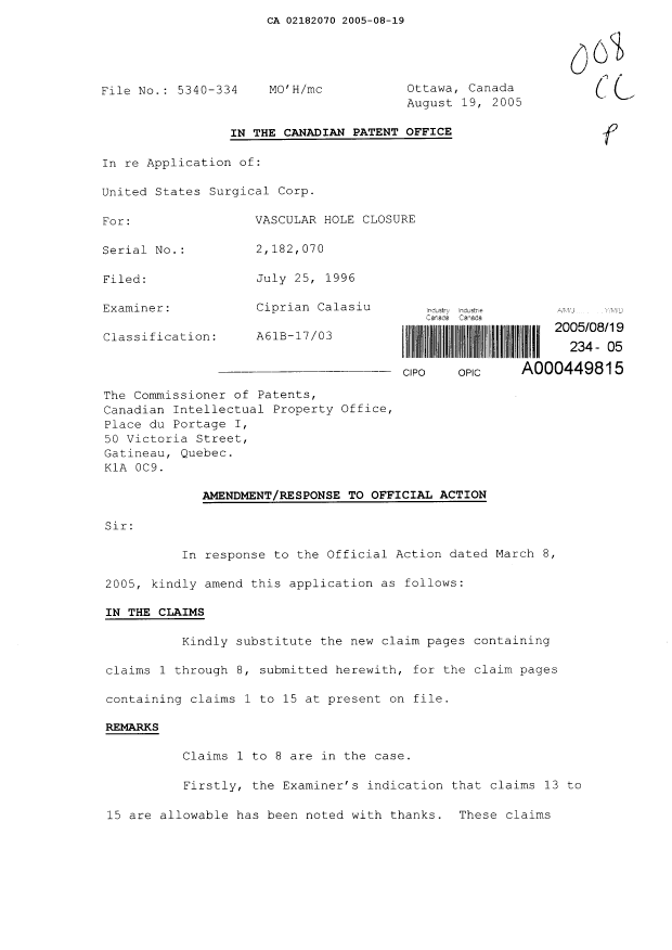 Canadian Patent Document 2182070. Prosecution-Amendment 20041219. Image 1 of 4
