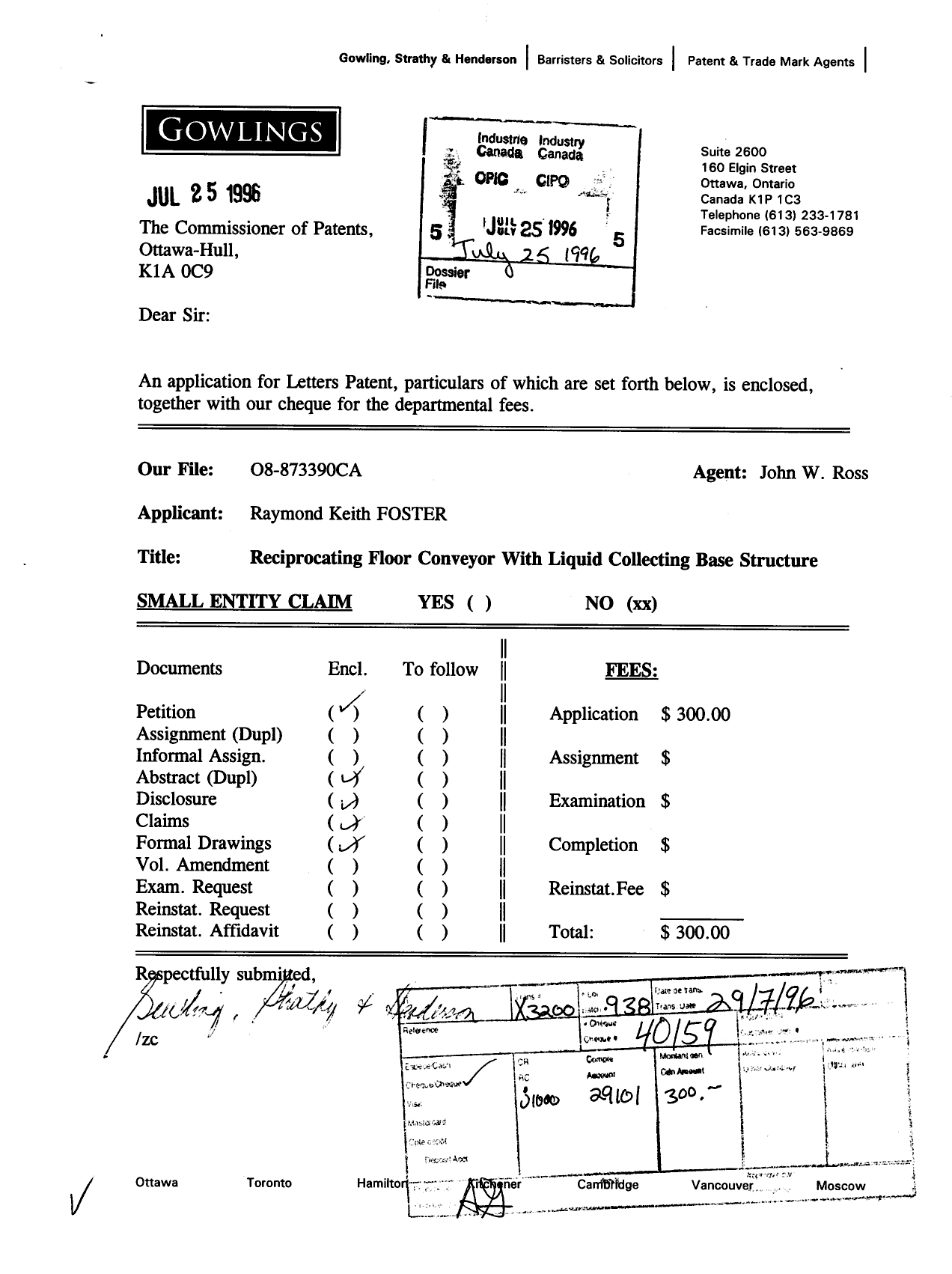 Canadian Patent Document 2182076. Assignment 19960725. Image 1 of 4