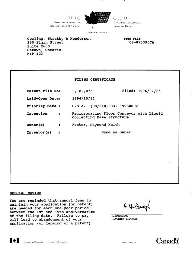 Canadian Patent Document 2182076. Assignment 19960725. Image 4 of 4