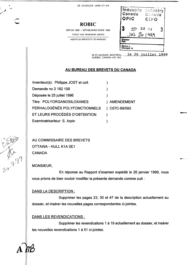 Canadian Patent Document 2182109. Prosecution-Amendment 19990726. Image 1 of 9