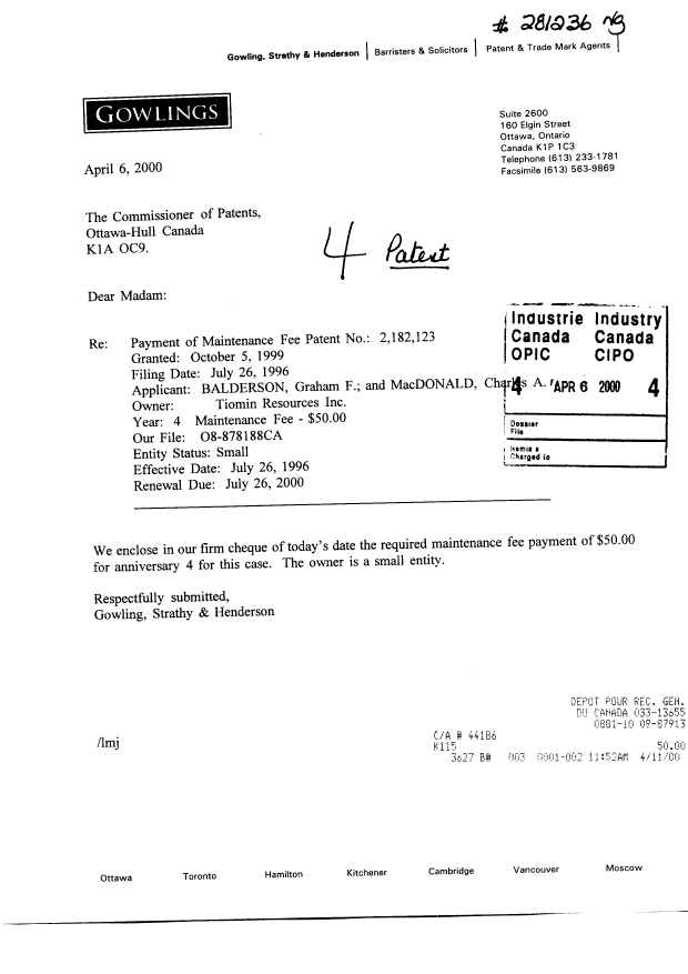 Document de brevet canadien 2182123. Taxes 20000406. Image 1 de 1