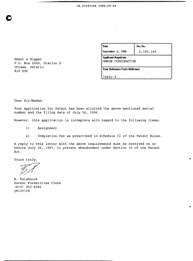 Document de brevet canadien 2182144. Correspondance 19960904. Image 1 de 1