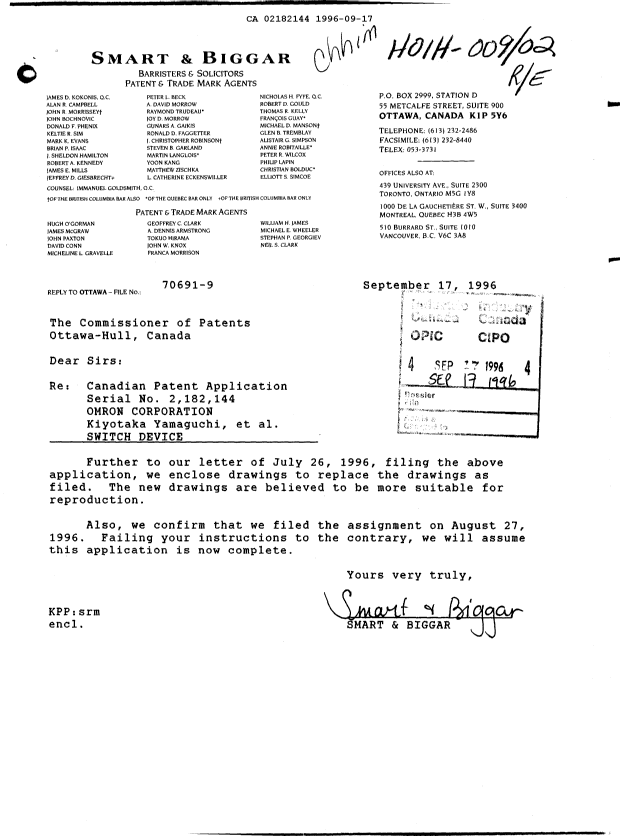 Canadian Patent Document 2182144. Prosecution-Amendment 19960917. Image 1 of 1