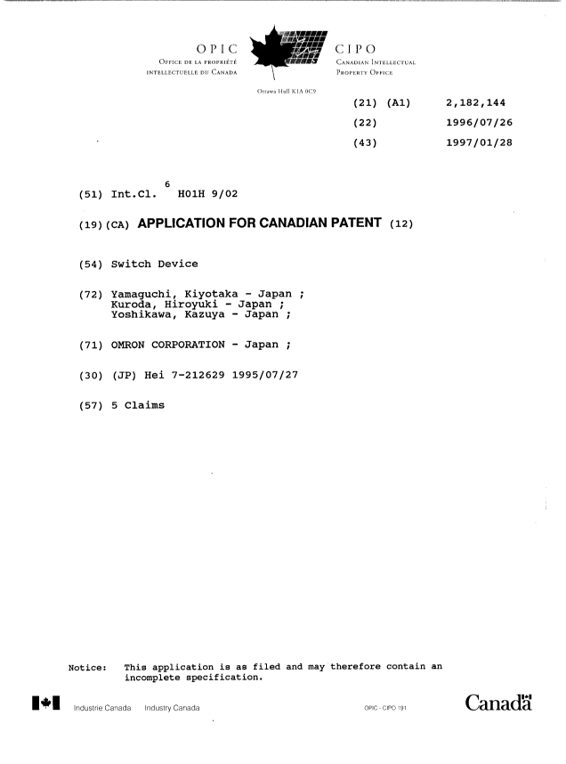 Document de brevet canadien 2182144. Page couverture 19961101. Image 1 de 1