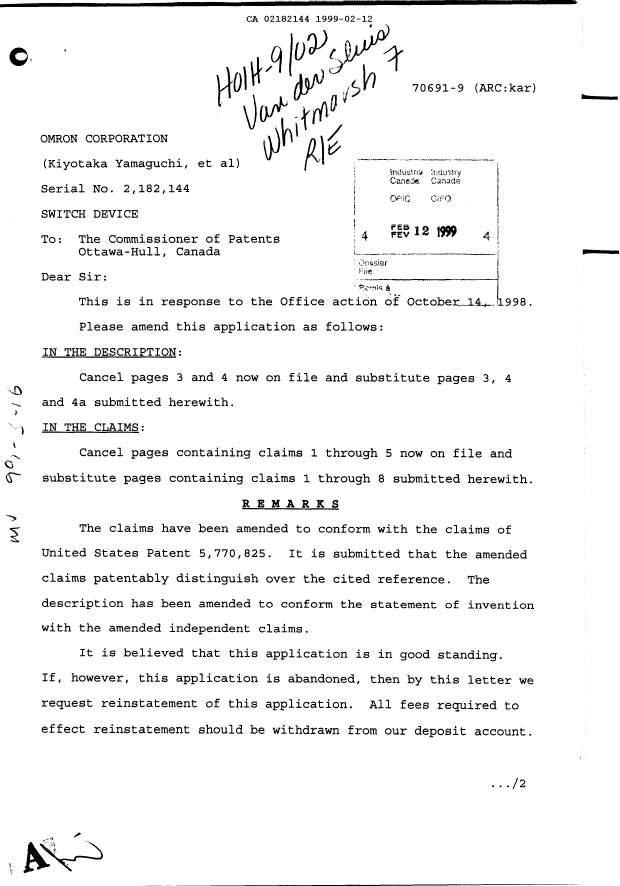 Canadian Patent Document 2182144. Prosecution-Amendment 19990212. Image 1 of 2