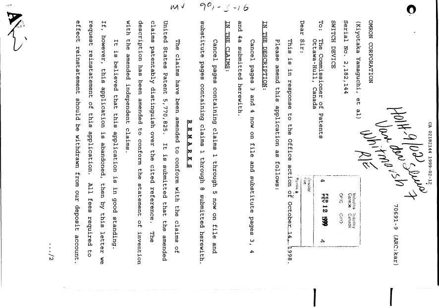 Canadian Patent Document 2182144. Prosecution-Amendment 19990212. Image 1 of 2