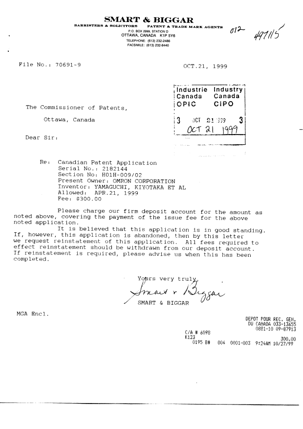 Document de brevet canadien 2182144. Correspondance 19991021. Image 1 de 1
