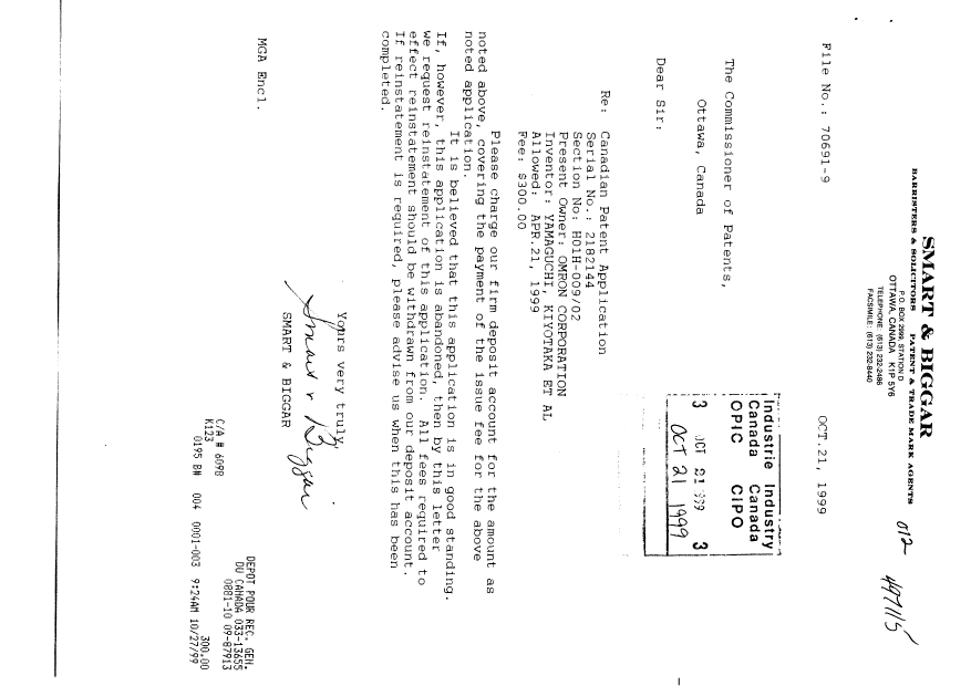 Canadian Patent Document 2182144. Correspondence 19991021. Image 1 of 1