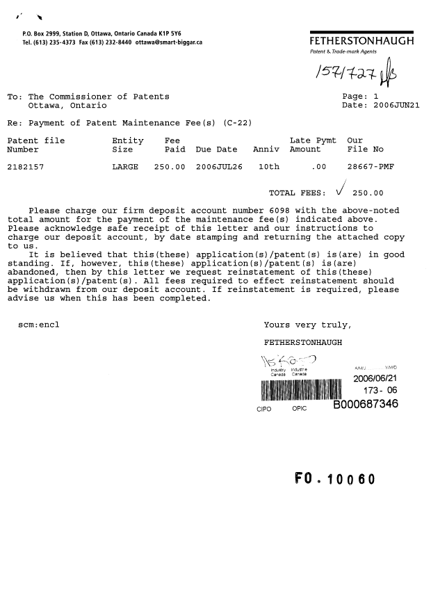 Document de brevet canadien 2182157. Taxes 20060621. Image 1 de 1