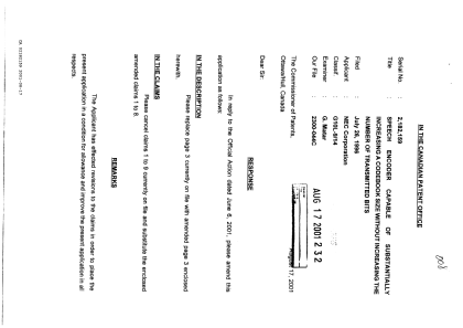 Canadian Patent Document 2182159. Prosecution-Amendment 20010817. Image 1 of 7
