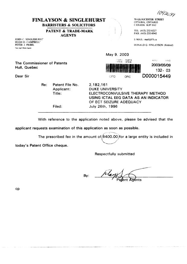 Canadian Patent Document 2182161. Prosecution-Amendment 20030509. Image 1 of 1