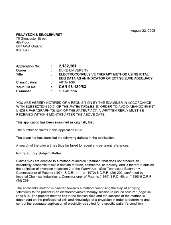 Canadian Patent Document 2182161. Prosecution-Amendment 20050822. Image 1 of 2