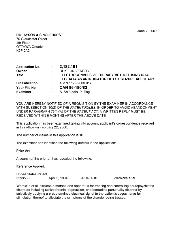 Canadian Patent Document 2182161. Prosecution-Amendment 20070607. Image 1 of 3