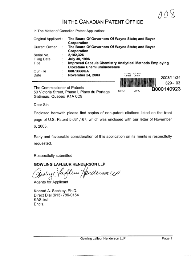 Canadian Patent Document 2182326. Prosecution-Amendment 20031124. Image 1 of 1