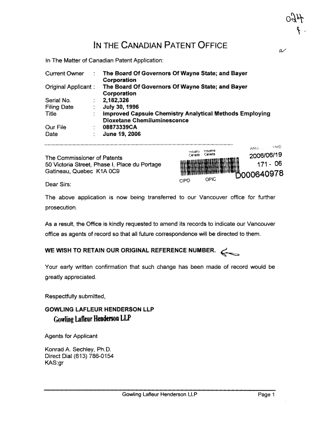 Document de brevet canadien 2182326. Correspondance 20060619. Image 1 de 1
