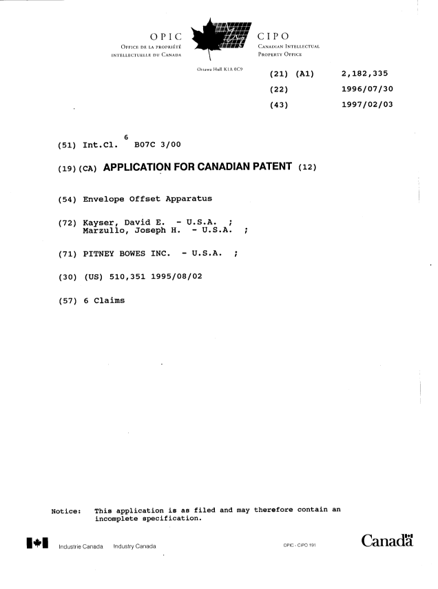 Canadian Patent Document 2182335. Cover Page 19960730. Image 1 of 1