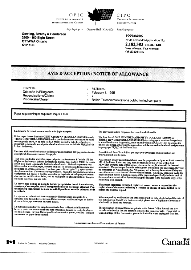 Canadian Patent Document 2182383. Correspondence 19990406. Image 1 of 1