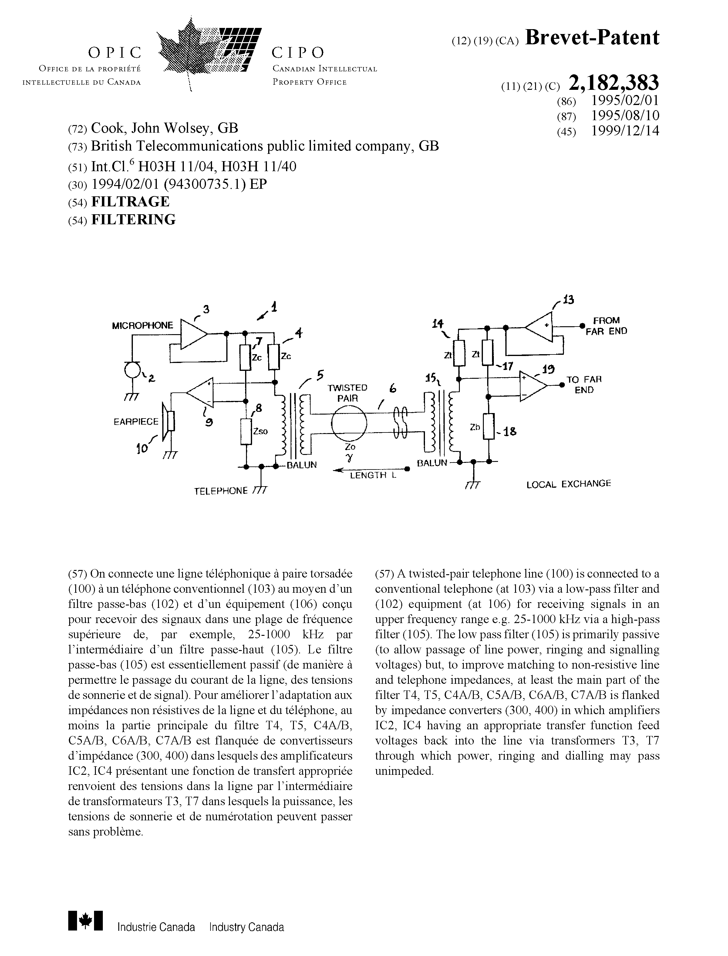 Canadian Patent Document 2182383. Cover Page 19991207. Image 1 of 1