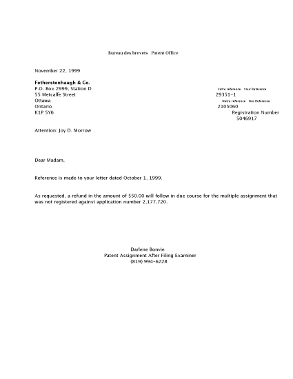 Document de brevet canadien 2182517. Correspondance 19991122. Image 1 de 1