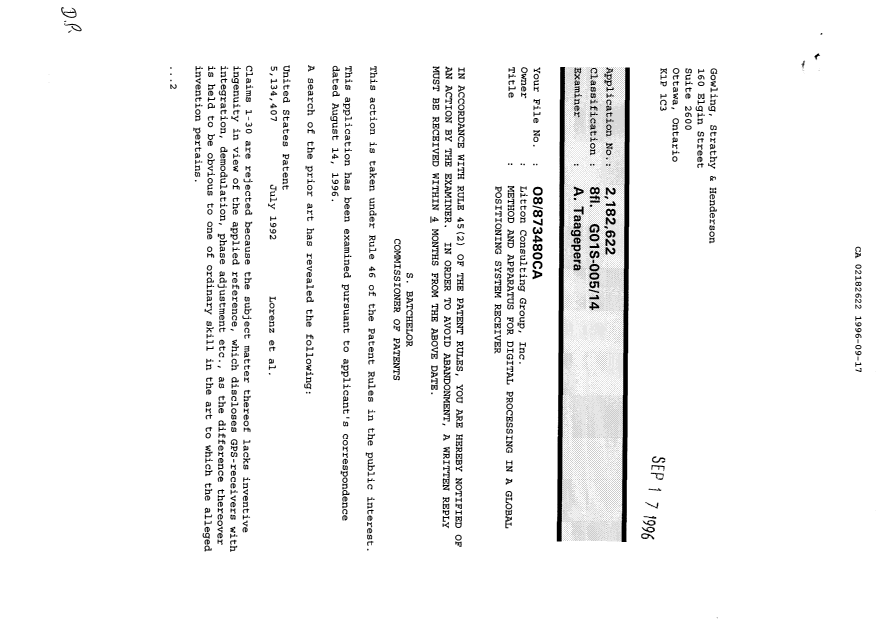 Canadian Patent Document 2182622. Prosecution-Amendment 19960917. Image 1 of 2