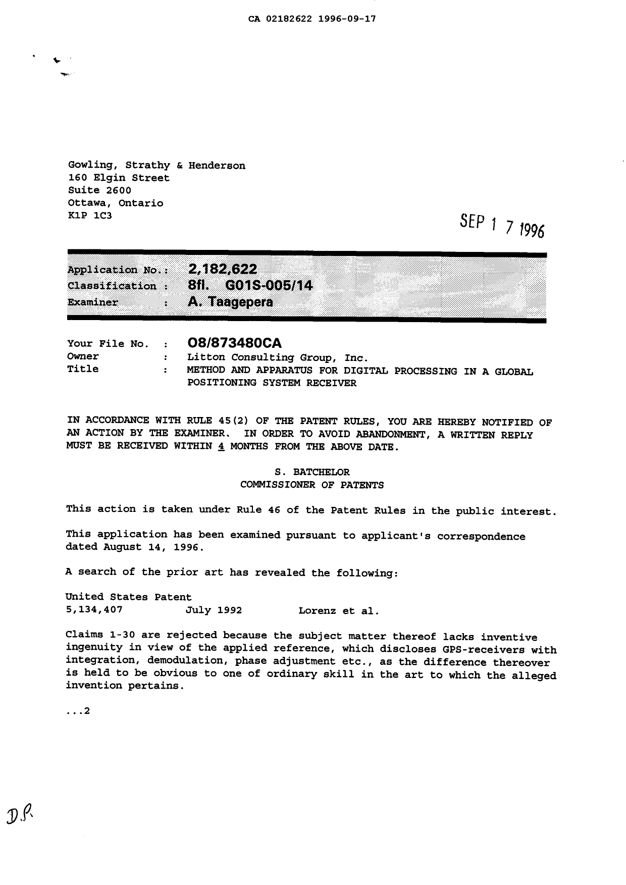 Canadian Patent Document 2182622. Prosecution-Amendment 19960917. Image 1 of 2