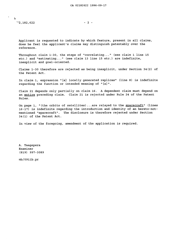 Canadian Patent Document 2182622. Prosecution-Amendment 19960917. Image 2 of 2