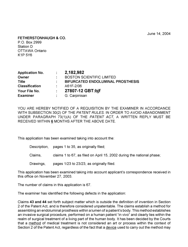 Canadian Patent Document 2182982. Prosecution-Amendment 20040614. Image 1 of 4