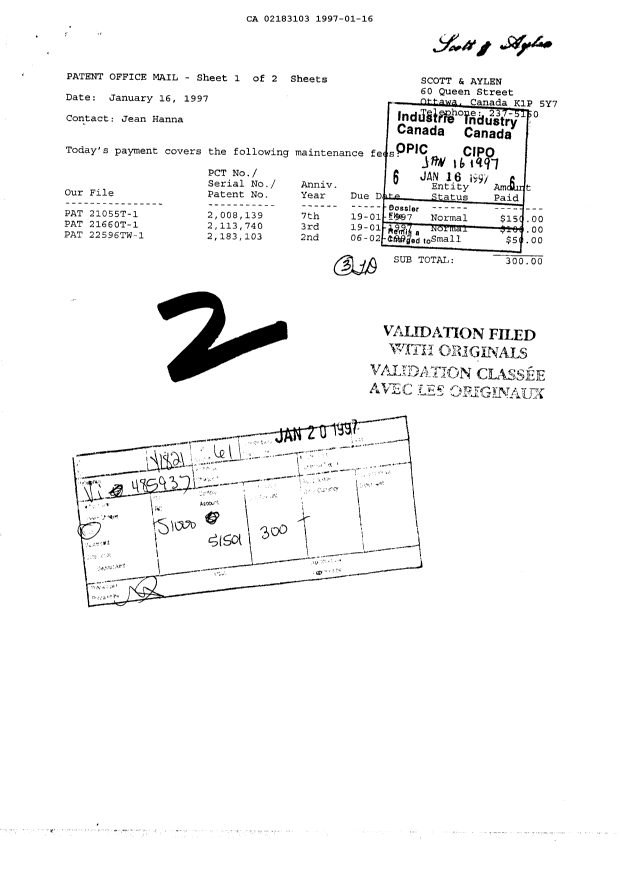 Canadian Patent Document 2183103. Fees 19970116. Image 1 of 1
