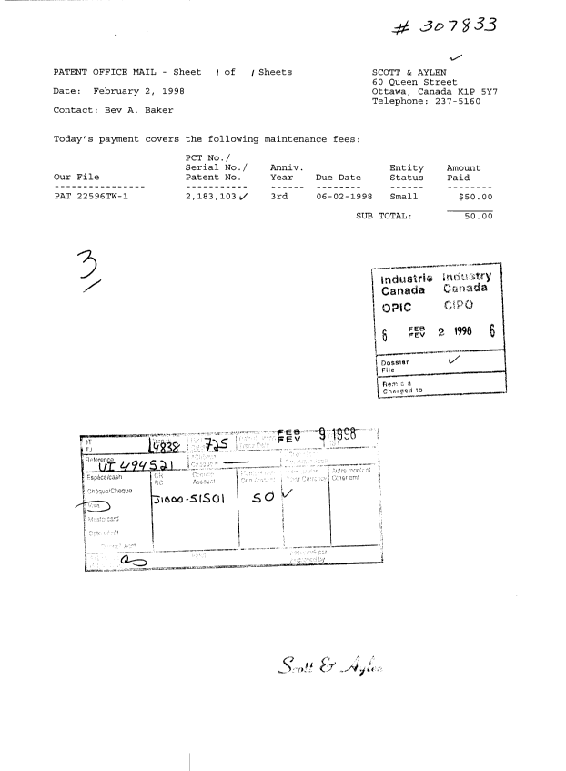 Document de brevet canadien 2183103. Taxes 19980202. Image 1 de 1