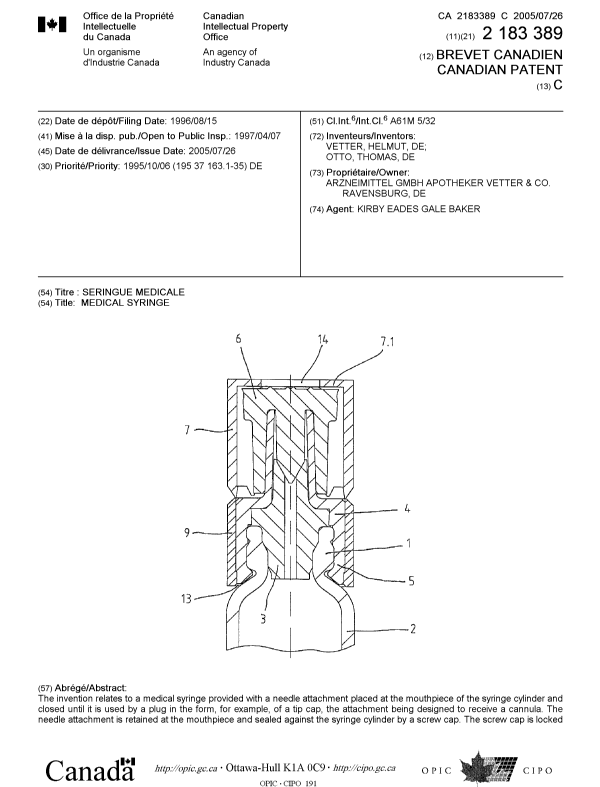 Canadian Patent Document 2183389. Cover Page 20050707. Image 1 of 2