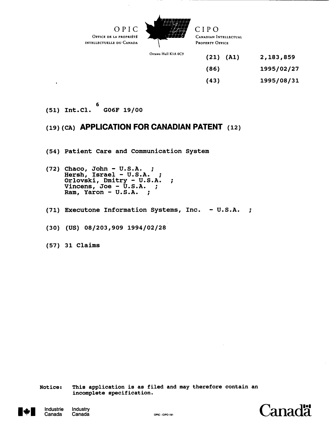 Canadian Patent Document 2183859. Cover Page 19961211. Image 1 of 1