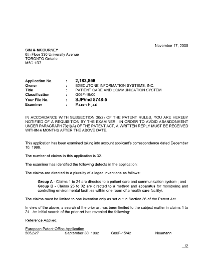 Document de brevet canadien 2183859. Poursuite-Amendment 20001117. Image 1 de 3