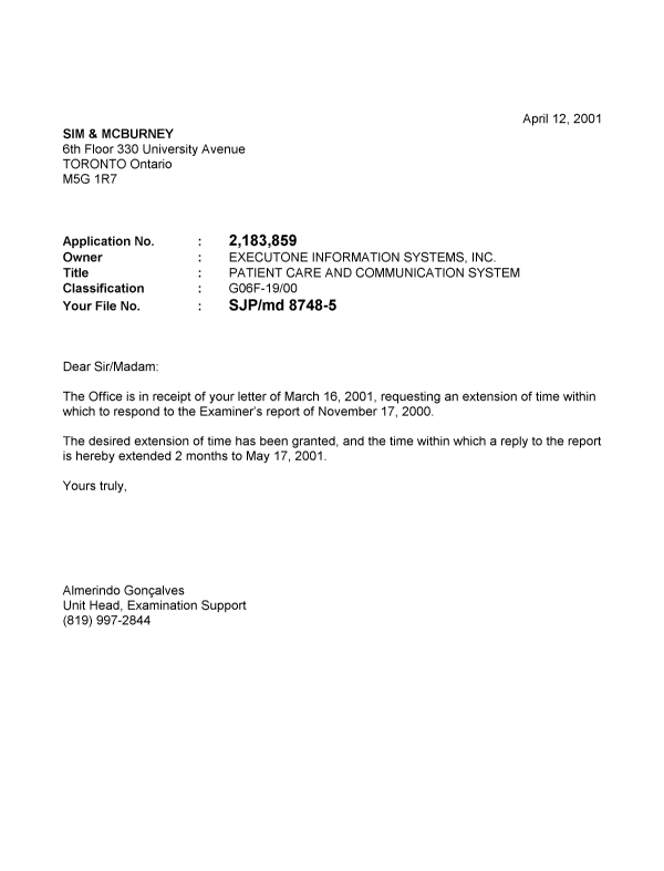 Document de brevet canadien 2183859. Correspondance 20010412. Image 1 de 1