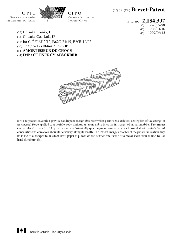 Document de brevet canadien 2184307. Page couverture 19990608. Image 1 de 1
