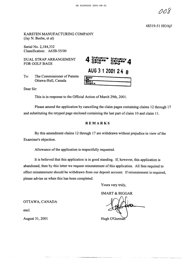 Canadian Patent Document 2184332. Prosecution-Amendment 20010831. Image 1 of 2