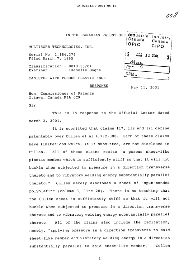 Document de brevet canadien 2184379. Poursuite-Amendment 20010511. Image 1 de 2
