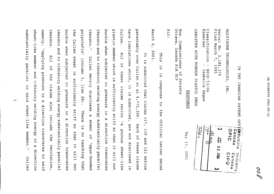 Canadian Patent Document 2184379. Prosecution-Amendment 20010511. Image 1 of 2