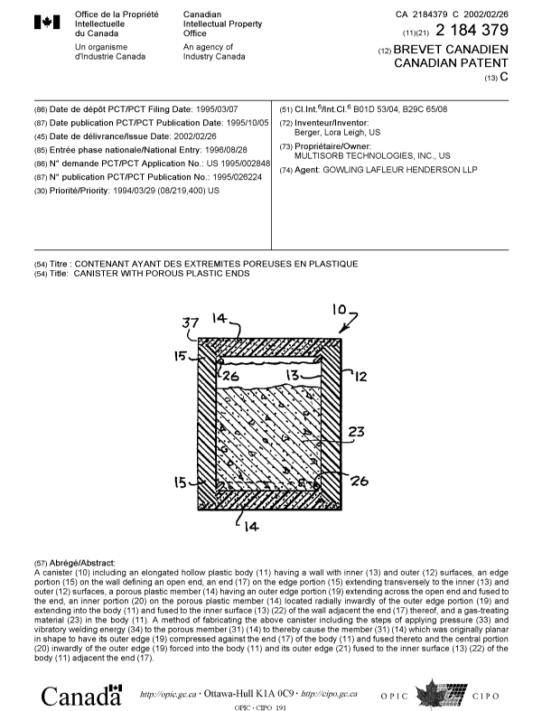 Document de brevet canadien 2184379. Page couverture 20020123. Image 1 de 1