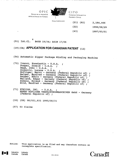 Document de brevet canadien 2184466. Page couverture 19960829. Image 1 de 1