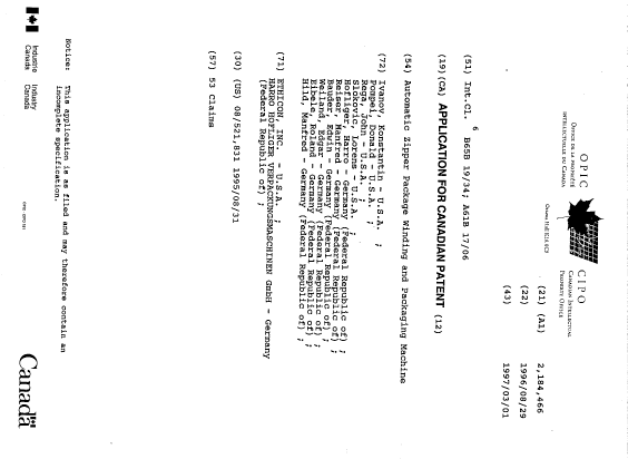 Canadian Patent Document 2184466. Cover Page 19960829. Image 1 of 1