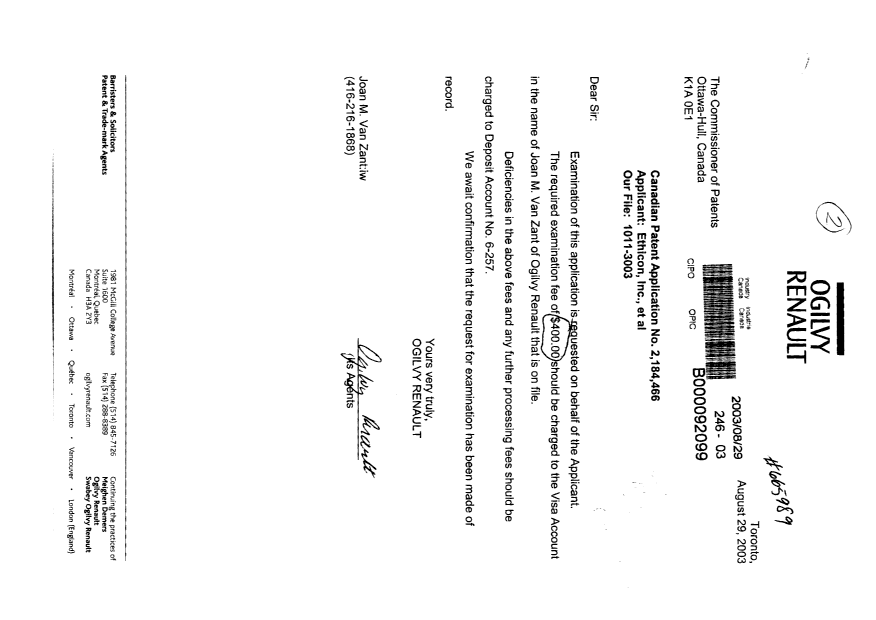 Canadian Patent Document 2184466. Prosecution-Amendment 20030829. Image 1 of 1