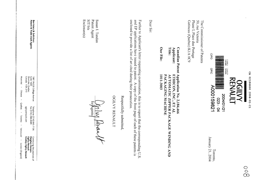 Canadian Patent Document 2184466. Prosecution-Amendment 20040121. Image 1 of 1