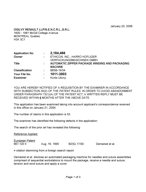 Canadian Patent Document 2184466. Prosecution-Amendment 20060120. Image 1 of 3