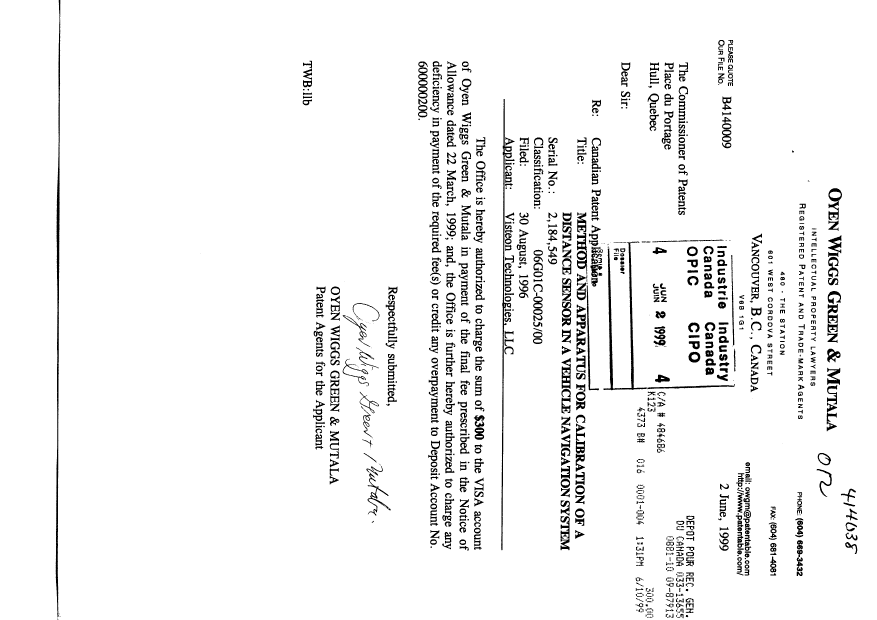 Canadian Patent Document 2184549. Correspondence 19990602. Image 1 of 1