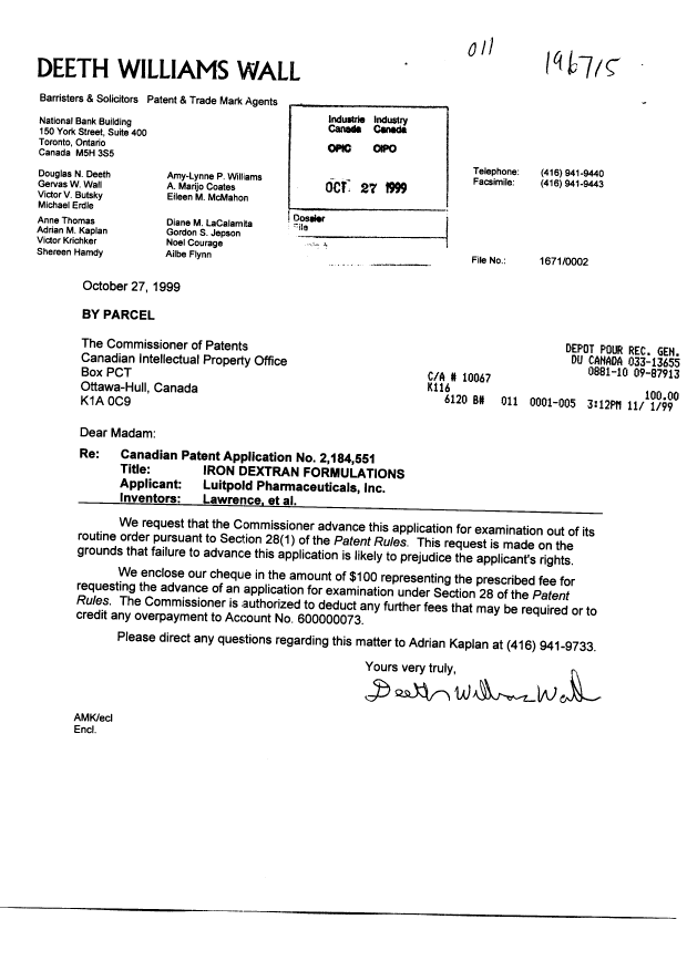 Document de brevet canadien 2184551. Poursuite-Amendment 19991027. Image 1 de 1