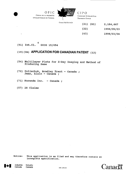 Canadian Patent Document 2184667. Cover Page 19961202. Image 1 of 1