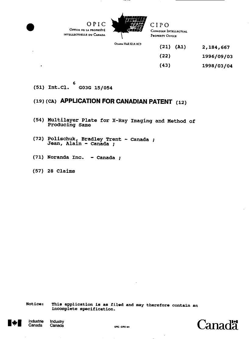 Document de brevet canadien 2184667. Page couverture 19961202. Image 1 de 1